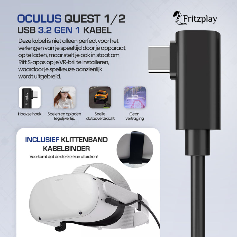 Fritzplay® Link Kabel voor Oculus Quest 1, 2 & 3 etc - USB-C naar USB-C 3.2 Gen 1 - 5 Meter - 5Gbps Hoge Snelheid Datatransfer - Inclusief Klittenband Kabelbinder