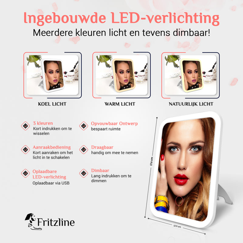 Fritzline® LED Verlichte Make-up Spiegel - 1x vergroting - Compact - Klein - Mini - Draagbaar en Oplaadbaar