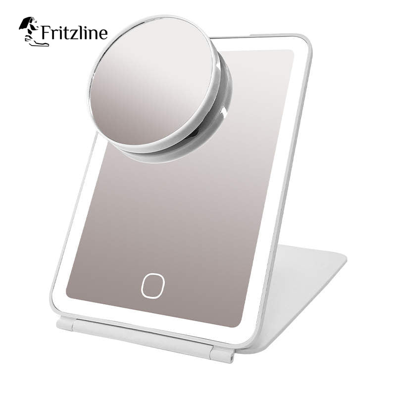 Fritzline® LED Make-up Spiegel - Draagbaar - Drie Lichtmodi - Dimbare Verlichting - Inclusief 10x Vergrotende Spiegel en USB-Oplaadkabel - Opvouwbaar met Inklapbare Standaard