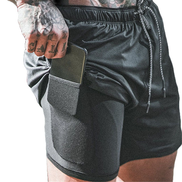 Fritzline® Schwarze 2-in-1-Sporthose Größe L mit Handytasche - Bequeme Sportshorts - Sporthose - Fitnesshose - Shorts - Sportbekleidung - 2-in-1-Shorts Herren - Handytaschen