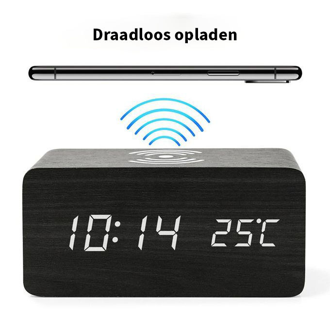 Fritzline Digitale Wekker met Draadloos Opladen - op Batterijen en via USB - Klok - Tempratuur - Draadloos Oplader iPhone - Alarm Clock