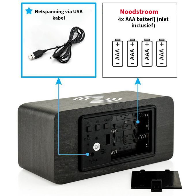 Fritzline Digitale Wekker met Draadloos Opladen - op Batterijen en via USB - Klok - Tempratuur - Draadloos Oplader iPhone - Alarm Clock